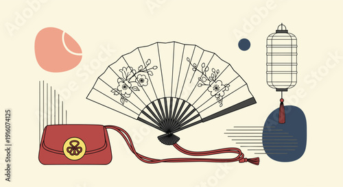 Traditional Asian accessories featuring a paper fan decorated with flowers, a red purse with gold emblem, and a hanging paper lantern.