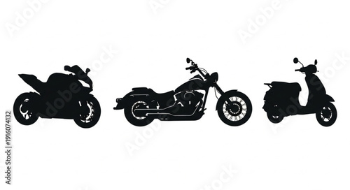 Three different types of motorcycles and scooters in silhouette.