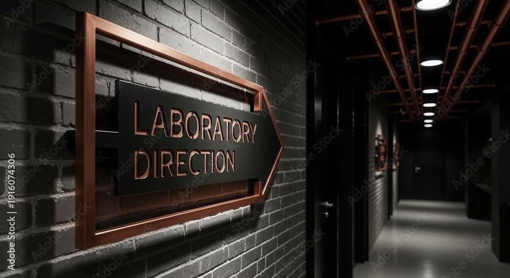 Fototapeta premium Laboratory Direction Sign with Arrow Illuminated by Ceiling Lights in Interior