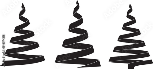 Three stylized black and white spiral trees standing side by side against a plain background