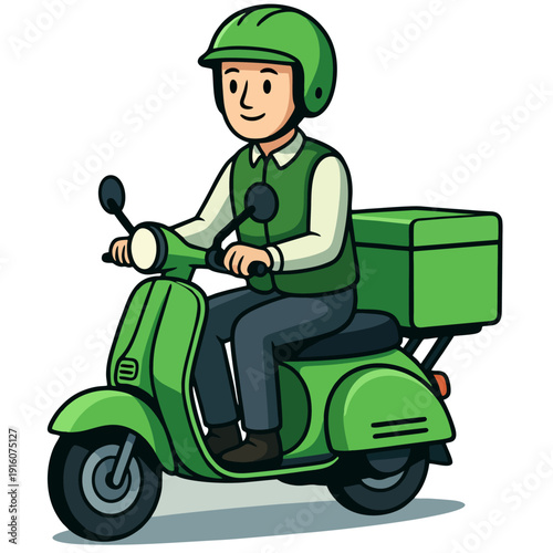 Cartoon Style Smiling Delivery Courier Riding a Scooter Transportation Illustration
