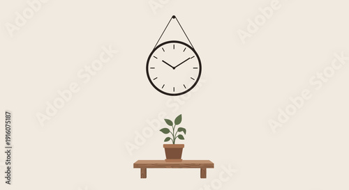 Modern clock and potted plant on wooden bench