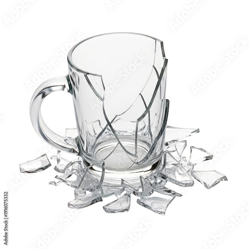 Shattered glass coffee mug with broken pieces isolated on transparent background