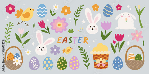Colorful easter decorations including bunnies chicks eggs and floral elements