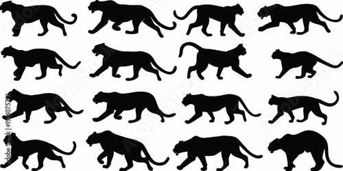 Collection of black silhouettes depicting tigers in various poses