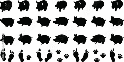 Silhouettes of pigs and rabbits with footprints in a playful arrangement