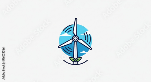 Wind turbine with green leaf and blue sky background symbolizing renewable energy and sustainability
