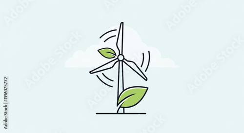 Wind turbine with green leaves and cloud symbolizing renewable energy and sustainability in a natural environment