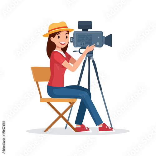 Woman operating a large camera on a tripod while seated on a director's chair.