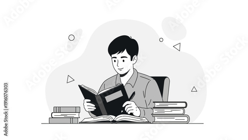 Student Reading Books, Studying Hard, Creative Illustration