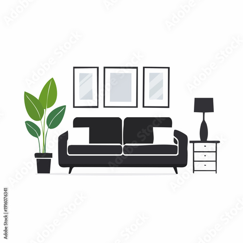 Modern living room with black couch, potted plant, and minimalist decor featuring three framed pictures on the wall and a lamp on a side table.