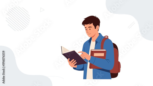 Student Reading Book with Backpack, Studying and Learning Concept