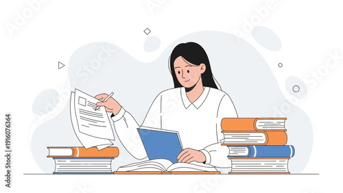 Student studying with books and laptop, learning and research concept