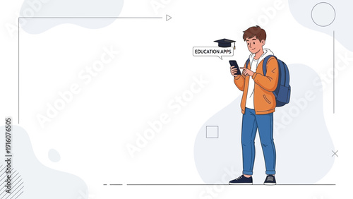 Student using mobile phone for education apps, graduation cap icon, online learning concept
