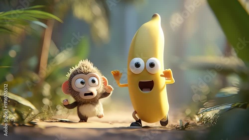 Funny baby monkey banana cartoon characters running in jungle