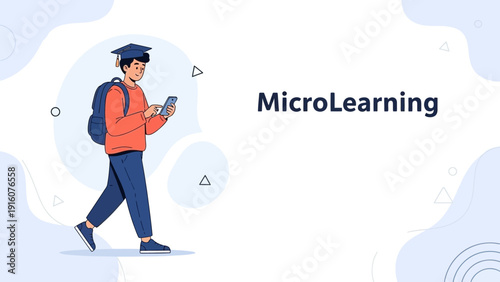Student with backpack and graduation cap using smartphone, MicroLearning concept