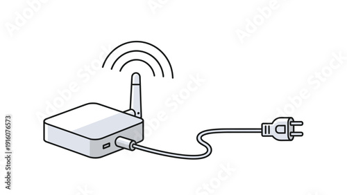 Minimalist illustration of a white wireless router device with signal waves and a power plug representing internet connectivity.