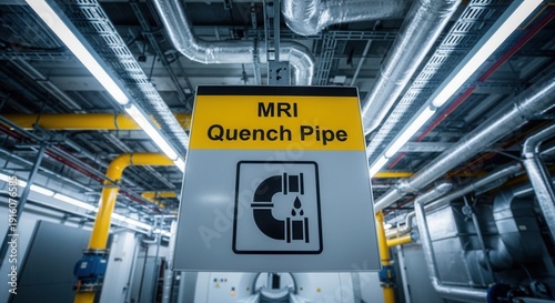 Medical Facility's Quench Pipe Warning Sign Displaying Magnetic Resonance Imaging Information