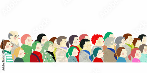 Diverse group of illustrated people standing closely together in a row