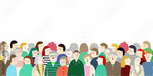 Diverse group of illustrated people stand closely together facing forward