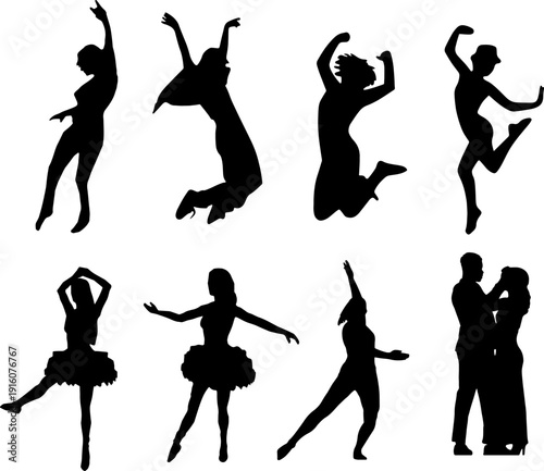 A set of eight highly detailed black silhouettes featuring various men and women in expressive dance poses.