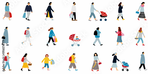 Diverse group of stylized people walking and carrying items