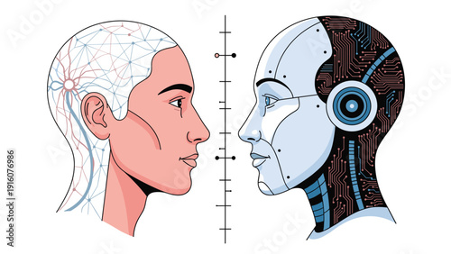Profile view of a human head facing a robotic android head with circuit patterns representing artificial intelligence and cognition.