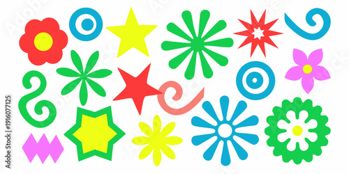 Colorful assortment of playful geometric and floral shapes on a white background
