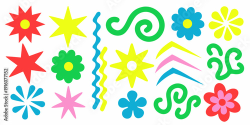 Colorful collection of whimsical abstract floral and star shaped designs