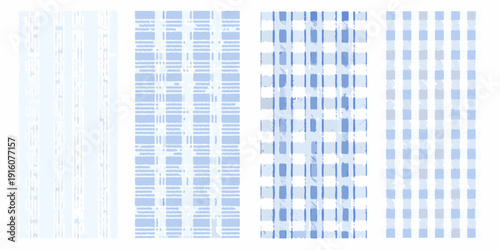 Four abstract blue patterns resembling woven fabric or digital glitch art