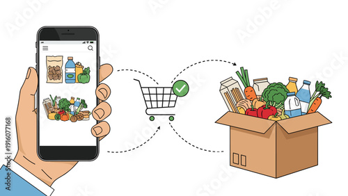 Human hand holding a smartphone for online grocery shopping with icons showing the process from the cart to a box of vegetables.