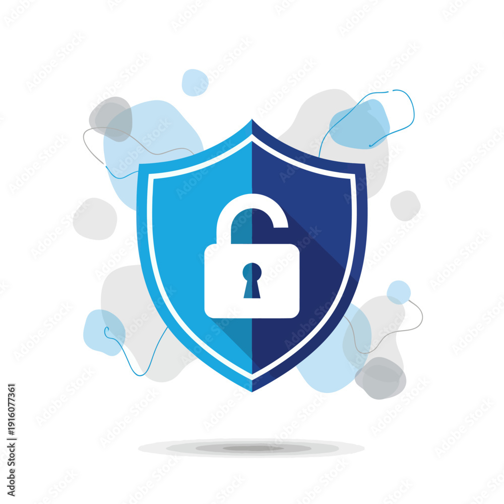 Fototapeta premium Blue shield with open padlock icon representing data security unlock
