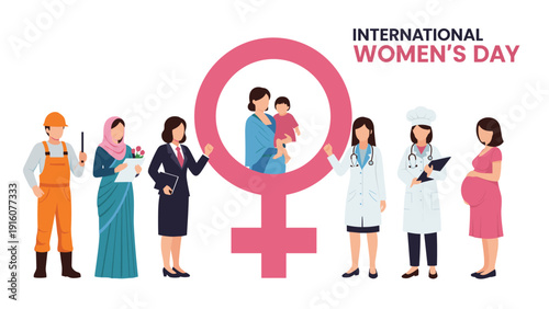 Diverse group of professional women standing around a female symbol containing a mother and child for international women day celebration.