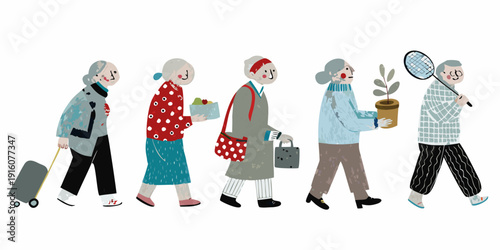A line of elderly women walking each with personal belongings