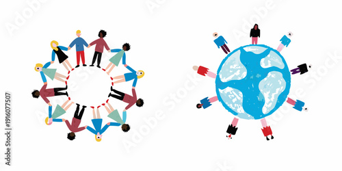 People holding hands around the earth symbolizing global unity and connection