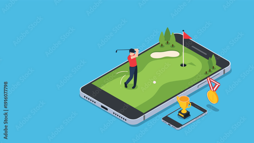 Fototapeta premium Person playing golf on a miniature course integrated into a large smartphone screen representing mobile gaming and sports apps.