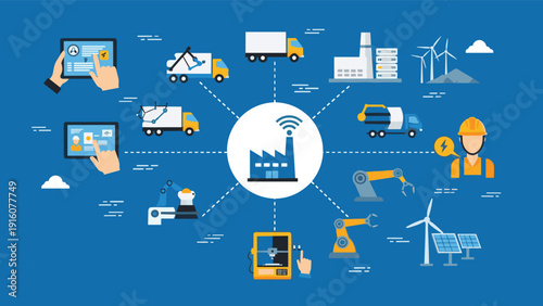 Industrial network diagram showing a smart factory connected to autonomous vehicles robotics and renewable energy for industry 4.0.