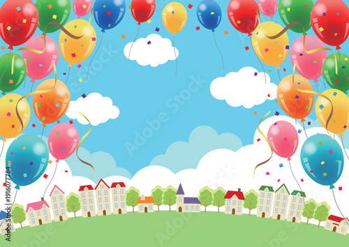 風船と街背景、かわいい、イラスト、横