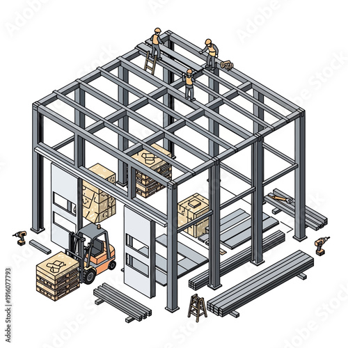 Warehouse construction site with workers and machinery.