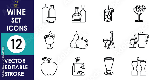 Wine set vector icon collection featuring bottles, glasses, corkscrew, decanter, grapes, barrel, opener and accessories in editable stroke outline style for restaurant menu design