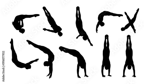 Athletic Male Diver Silhouettes Performing Advanced Diving Board Tricks