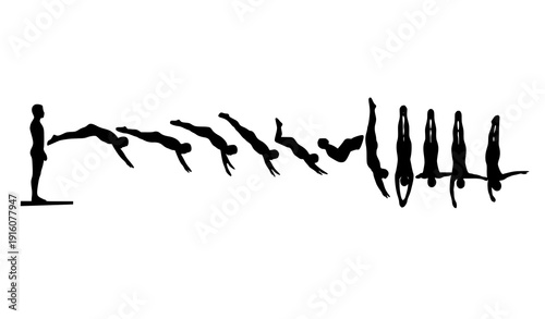 Male Diving Board Silhouette Sequence Vector Set with Competitive Dive Poses