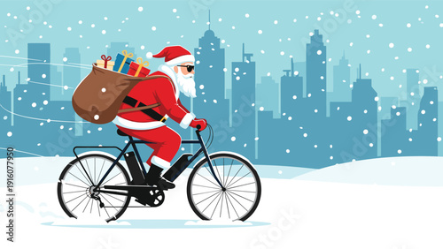 Santa Claus riding a bicycle with a bag full of presents past a snowy city skyline during winter holiday season delivery.