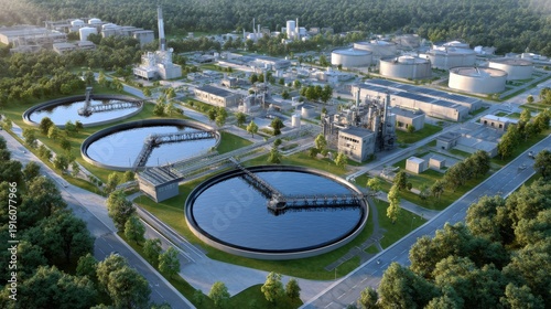 Aerial View Of A Large Industrial Water Treatment Plant Surrounded By Lush Green Forest Landscape
