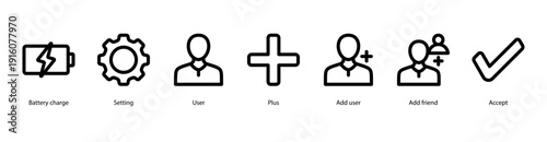 User Management web banner vector illustration featuring Battery Charge, Setting, User, Plus, Add User, Add Friend, and Accept for profiles and connections.