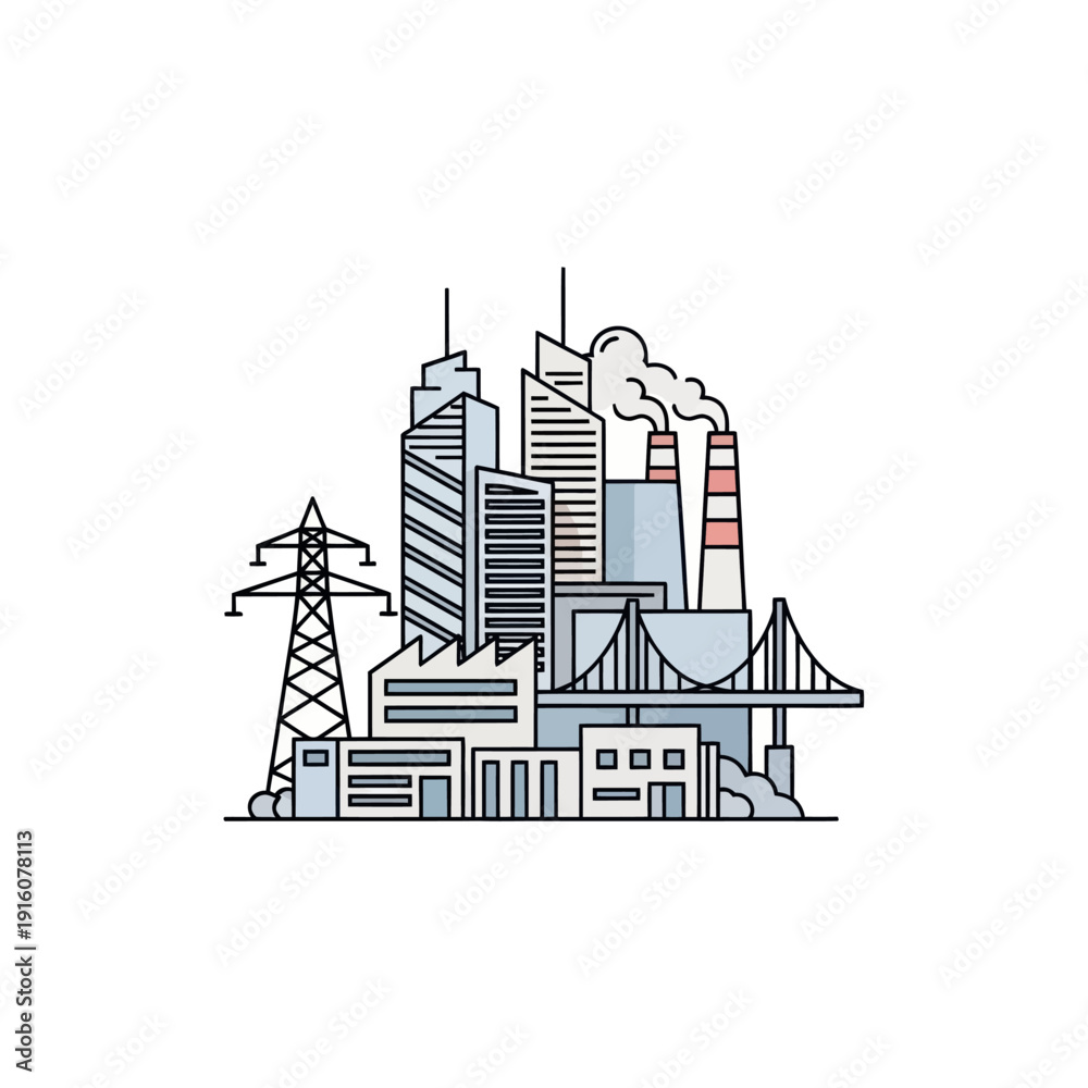 Fototapeta premium Cityscape illustration with modern buildings, factories, bridge, power lines