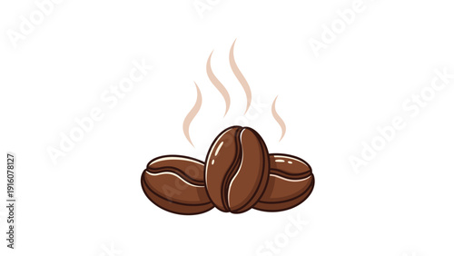 Appetizing illustration of three roasted coffee beans emitting aromatic steam, representing fresh coffee and a delicious brew.