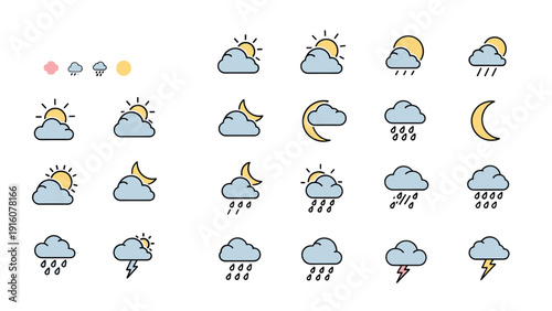 Extensive collection of weather forecast icons, including sun, clouds, rain, moon, and lightning, representing various atmospheric conditions.