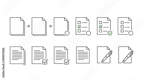 Series of document icons illustrating progress from blank pages to checked completion and editing with a pen.
