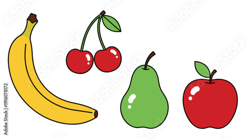 Vibrant and inviting illustrations of common fruits including a banana, cherries, a pear, and an apple, symbolizing healthy eating.